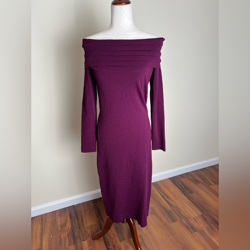 Eliza J Off Shoulder Knit Midi Dress L – Plum Burgundy Long Sleeve Stretch Bodyc